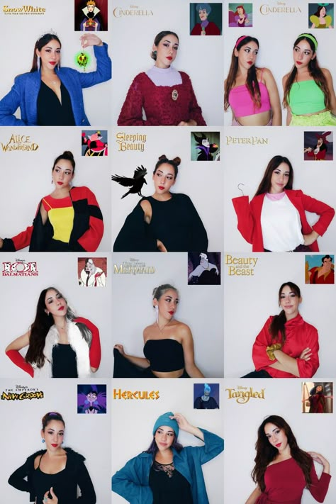 Disney Characters In Halloween Costumes, Cute Villain Outfits, Cartoon Character Outfits Ideas, Disney Princess And Villain Costumes, Villian Inspired Outfits, Disney Villains Group Costume, Disney Villains Diy Costume, Easy Disney Character Costumes Diy, Héros And Villians Costume