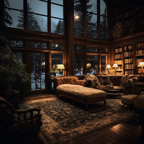 Dark Home Library Cozy, Rustic Library Aesthetic, Rustic Library Room, Library Room With Fireplace, Rainy Library, Rustic Home Library, Cozy Mansion, Mansion Library, Winter Library