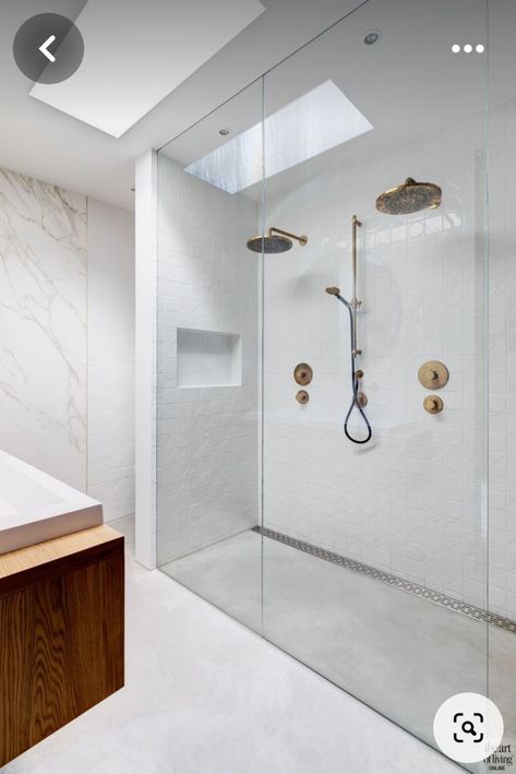 Bathroom Two Showers, Modern Double Shower Bathroom, Luxury Double Shower Bathroom, Large Open Shower Master Suite, Two Showers In One Bathroom, Bathroom Double Shower Ideas, Double Shower Design Ideas, Bathroom With Two Showers, Double Shower Bathroom Ideas