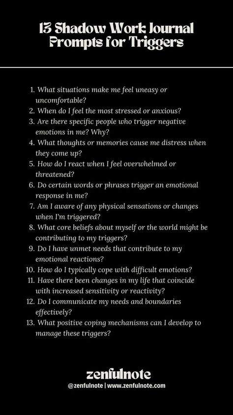 Understanding your triggers is an important step towards emotional self-awareness and personal growth. These questions can serve as a starting point for self-reflection and gaining a deeper understanding of your triggers. It's essential to approach this process with curiosity and self-compassion. Shadow Work Prompts, Shadow Work Spiritual, Journal Questions, Healing Journaling, Daily Journal Prompts, Work Journal, Core Beliefs, Writing Inspiration Prompts, Writing Therapy