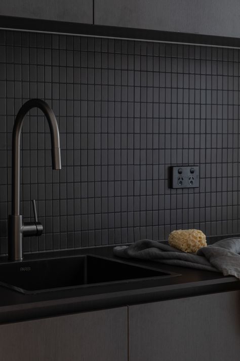 Black Tiles Kitchen, Minimal Presentation, Black Backsplash, Design Brief, Tile Splashback, Dark Grey Kitchen, Minimal Kitchen, Kitchen Splashback, The Local Project