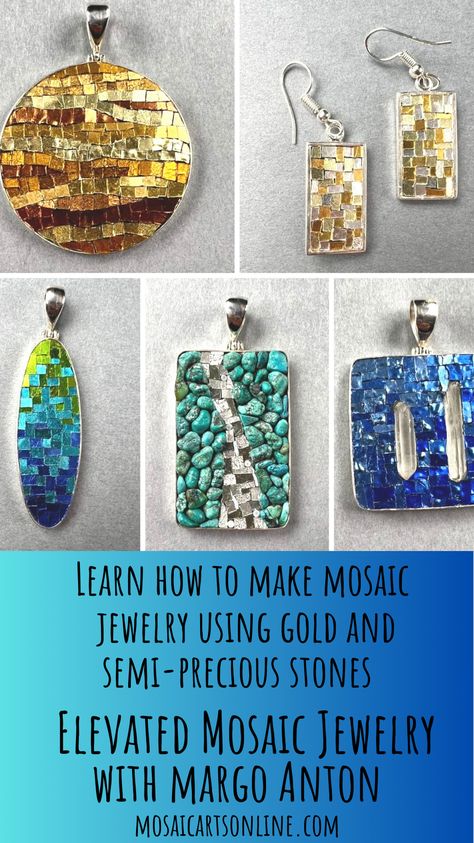 Learn how to make your own mosaic jewelry using gold smalti and semi-precious stones. In this online course learn Margo Anton's tried and true methods for creating mosaic jewelry.  In this one course, Margo offers six different projects. Learn each one using techniques and skills that build on each other. Choose her color schemes or pick your own. From the beginner gold earrings to the complex wavy design, Mosaic Jewelry has never been easier. You will succeed each time. Materials not included. Mosaic Jewelry Diy, Mosaic Earrings, Mosaic Jewelry, Boho Jewelry Diy, Art Retreats, Mosaic Tile Art, Micro Mosaic, Handmade Jewelry Tutorials, Unique Materials