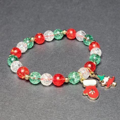 Christmas Beaded Charm Stretch Bracelet Handmade By Me Crackle Beads 8mm Christmas Tree & Stocking Enamel Charms Fits 6-7" Wrist Charms Can Be Removed, If You Prefer New Christmas Glass Bead Bracelet, Christmas Theme Bracelets, Christmas Bracelet Ideas Seed Beads, Holiday Beaded Bracelets, Christmas Bracelet Ideas Glass Beads, Christmas Beaded Bracelet, Cute Christmas Bracelets, Christmas Bracelets Ideas, Beaded Christmas Bracelets