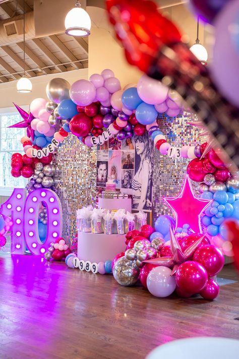 Taylor Swift Birthday Party Ideas | Photo 11 of 34 | Catch My Party Superstar Birthday Party Ideas, Tailor Swift Birthday Party, 21st Birthday Ideas Taylor Swift, Taylor Swift Backdrop Ideas, Taylor Swift Quinceañera, Taylor Swift Birthday Party Aesthetic, Taylor Swift Eras Balloon Arch, Taylor Swift Pool Birthday Party Ideas, Taylor Swift Backdrop Party