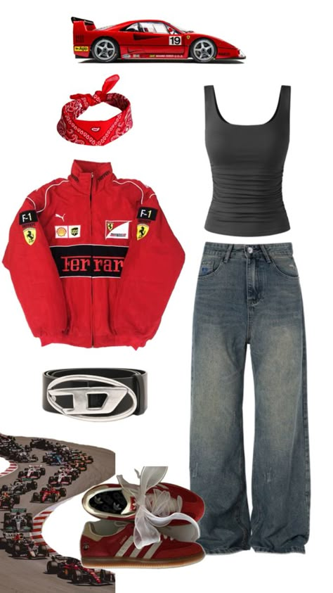 Ferrari jacket. Baggy jeans. Formula 1. Racer girls. Tom boy. Masculine Ferrari Clothes, Racer Jacket Outfit Women, Tema Yearbook, Ferrari Jacket Outfit, Racer Jacket Outfit, Jacket Outfit Aesthetic, Racing Jacket Outfit, Racer Costume, Dubai Outfit