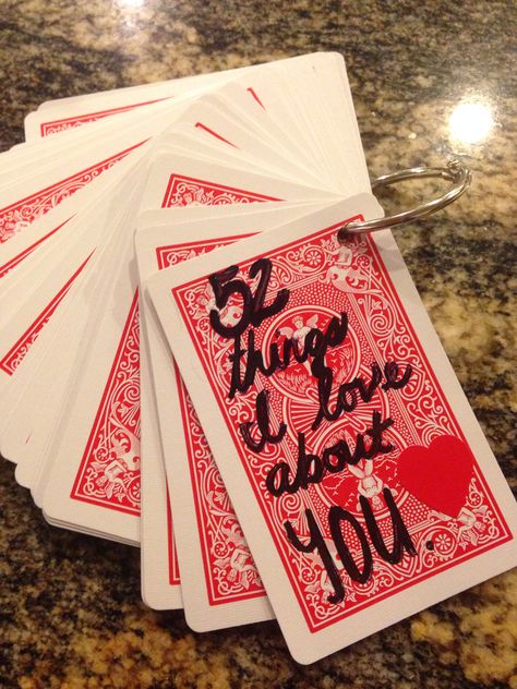 52 things I love about you card deck Deck Of Card Crafts, Diy Board Game For Boyfriend, Deck Of Cards Diy, Boyfriend Card Games, 52 Things I Love About You, Playing Card Gifts For Boyfriend, Diy Deck Of Cards, 52 Things I Love About You Cards, Playing Cards Gift 52 Reasons