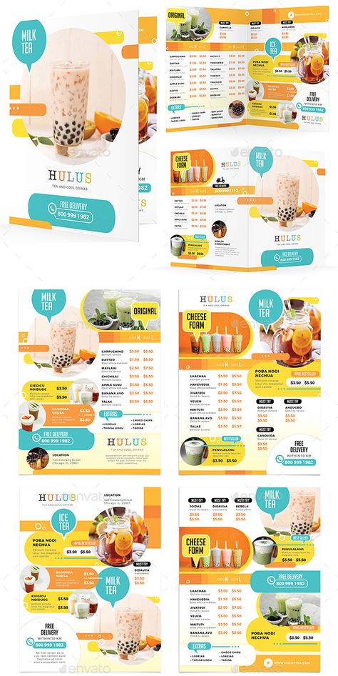 Bubble Tea Menu Template PSD, InDesign INDD Bubble Tea Menu Design, Milk Tea Menu, Bubble Tea Menu, Soft Drinks Recipes, Cafe Business, Food Menu Template, Menu Printing, Tea Cafe, Milk And Cheese