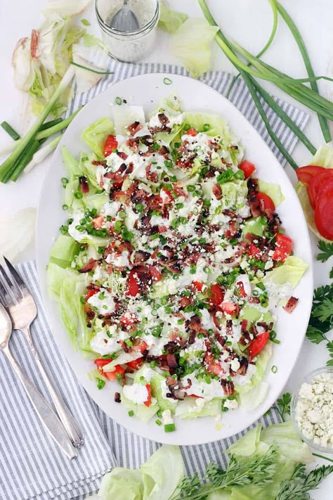 Deconstructed Wedge Salad with Homemade Blue Cheese Dressing Wedge Salad Recipe, Iceberg Lettuce Salad, Homemade Blue Cheese Dressing, Wedge Salad Recipes, Iceberg Salad, Homemade Blue Cheese, Blue Cheese Salad, Chopped Salad Recipes, Wedge Salad