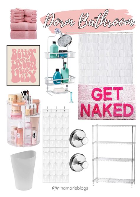 Pink Dorm Bathroom Ideas, Pink And White Dorm Room Decor, Pink College Apartment Bedroom, Bathroom College Apartment, Pink White Bathroom, Room Inspiration Bathroom, Bathroom Ideas College, Dorm Room Bathroom Ideas Decor, College Dorm Bathroom Ideas Decor