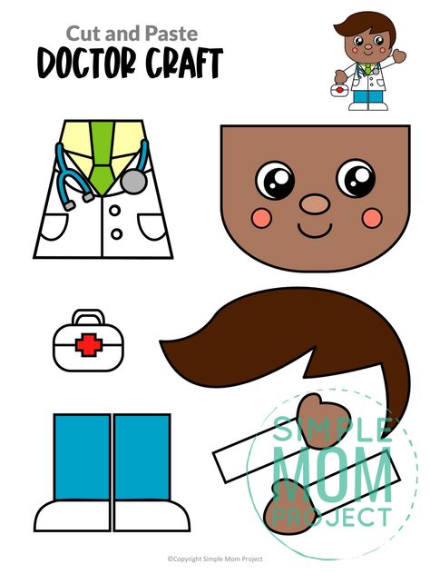 Do you kids love to pretend to be a doctor with a stethoscope, diy doctor set, or a first aid kit? Well this printable doctor craft is perfect for any preschool, toddler, or kindergarten age kids. After printing, get your art bag out with all the tools like glue and scissors and put this fun printable doctor set together with your little ones! Click and download this easy printable doctor craft today! List Of Community Helpers, Community Helper Craft, Community Helper Dramatic Play, Community Helpers Lesson Plan, Doctor Craft, Community Helpers Preschool Crafts, Simple Mom Project, Community Helper Lesson, Community Helpers Crafts