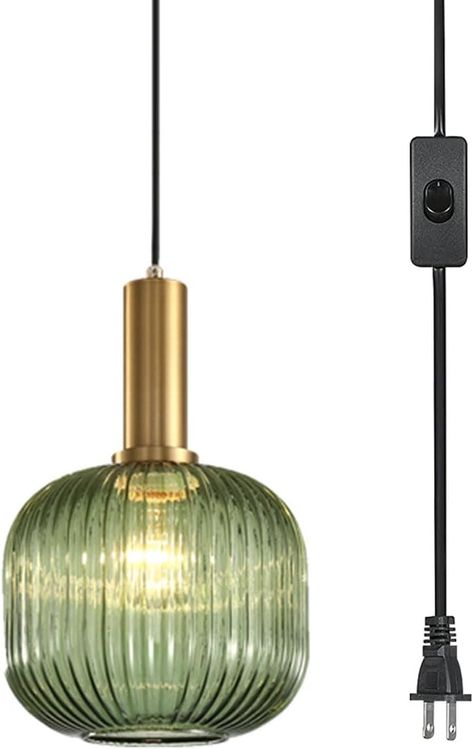 Pobllem Mid Century Modern Pendant Light 1-Light Gold Chandelier Ceiling Light Fixtures with Classic Striped Lantern Design, Plug in Hanging Light for Bedroom Living Dining Room Hallway (Green) - Amazon.com Plug In Hanging Light, Family Room Couch, Green Pendant Light, Modern Home Ideas, Drop Ceiling Lighting, Glass Shade Pendant Light, Mid Century Modern Chandelier, Grandma Chic, Plug In Pendant Light