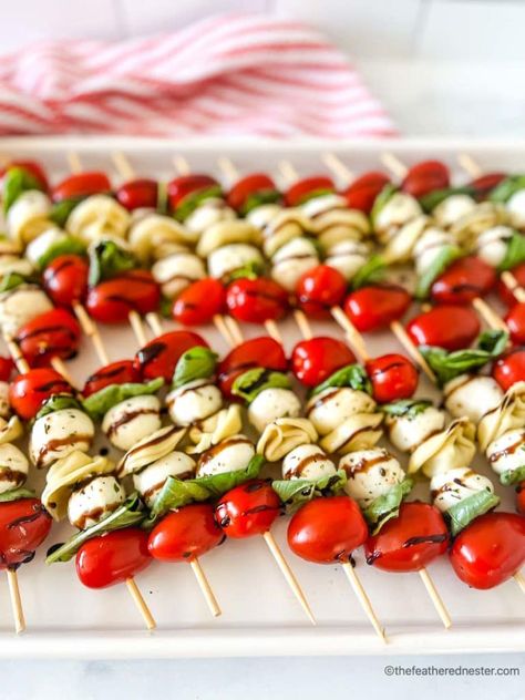 Caprese Skewers With Tortellini, Easy Caprese Skewers, Tortellini Screwers, Skewer Board, Appetizer Skewers Cold, Caprese Pops, Tortellini Appetizer Skewers, Tortellini Skewers Appetizers, Tortellini Kabobs