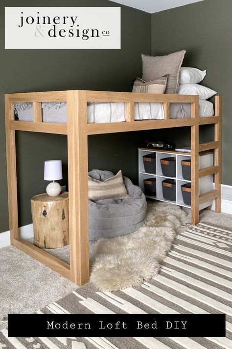 Modern Loft Bed DIY Bed With Play Area Underneath, Playroom With Bed Ideas, Bedroom With Playroom Ideas, Loft Beds For Boys Room, Loft Bed With Toddler Bed Underneath, Low Loft Bed Boys Room, Toddler Room Loft Bed, Cozy Space Under Loft Bed, Raised Bed For Kids Room