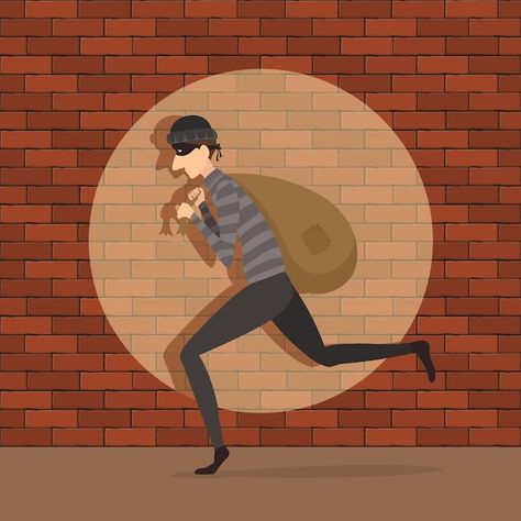 The thief or burglar runs away with a la... | Premium Vector Robbery Illustration, Thief Illustration, Thief Character, Flat Character, Dark Clothes, Brick Wall Background, Cartoon Man, Game Background, Vector Character