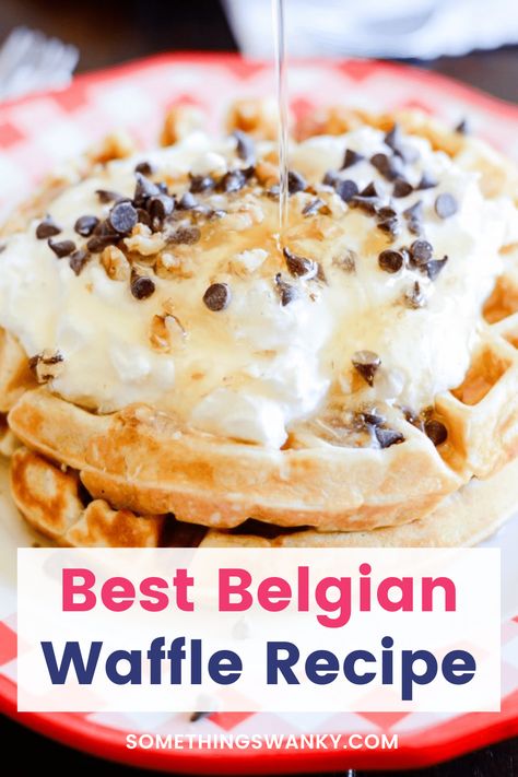 Today, I will share my favorite Belgian waffle recipe with you! This batter makes for thick, crispy waffles that are light and fluffy on the inside with plenty of room to fill up with whatever toppings you like! Yummm! Hotel Waffle Recipe, Fluffy Belgian Waffle Recipe, Easy Belgian Waffle Recipe, Best Belgian Waffle Recipe, Waffle Batter Recipe, Belgian Waffle Recipe, Best Chocolate Chip Cookie Recipe Ever, Crispy Waffles, Waffle Batter