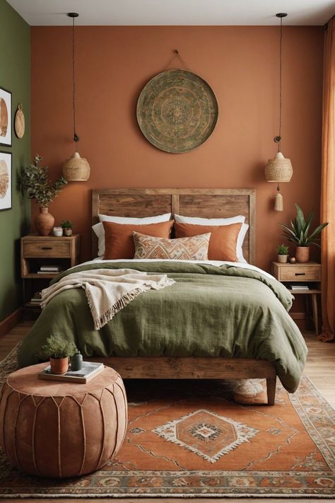 Terracotta Green Yellow Bedroom, Teracota Painting Wall Bedroom, Terra Cotta Green Bedroom, Terracotta Bedspread Bedroom, Terracotta And Green Bedding, Earthy Mcm Bedroom, Desert Aesthetic Decor Bedroom, Desert Rose Bedroom, Tan Wall Room Ideas Bedrooms