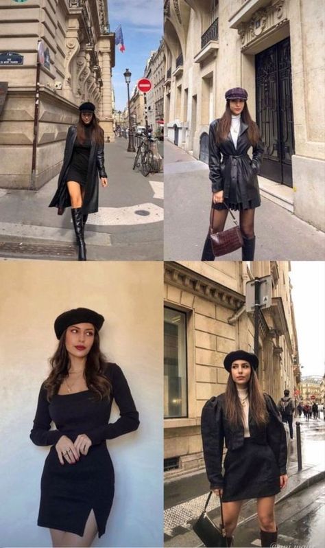 Black Dress Parisian Style, Women’s European Fashion Summer, Classy Outfits With Hats, Winter Outfit With Beret Hat, Beret Outfit Women, Punk Beret Outfit, Winter Fashion Show Outfit, Fancy Restaurant Outfit Ideas, Plaza Core Outfits