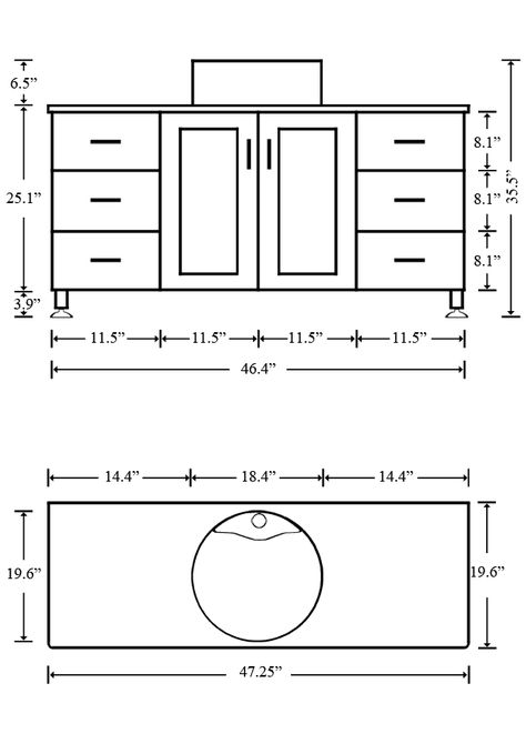 This diagram shows the dimensions of the 47.5″ Grand Lune Vessel Sink Vanity. You can see that the vanity height is 29″ + 6.5″ for the vessel sink for a total height of 35.5″. 36” Bathroom Vanity With Vessel Sink, Bathroom Sink Height Dimensions, Bathroom Vanity Height Standard, Vanity Dimensions Bathroom, Bathroom Cabinet Dimensions, Vanity Height Standard, Height Of Bathroom Vanity, Bathroom Vanity Measurements, Bathroom Sink Height