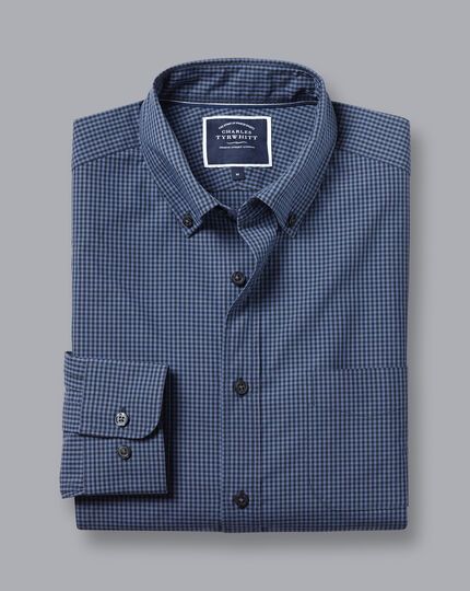 Button-Down Collar Non-Iron Stretch Poplin Mini Gingham Shirt - Indigo Blue | Charles Tyrwhitt Charles Tyrwhitt Shirt, Stylish Shirts Men, Smart Jackets, Morning Suits, Italian Suit, Biker Shirts, Charles Tyrwhitt, Slim Fit Suits, Gingham Shirt