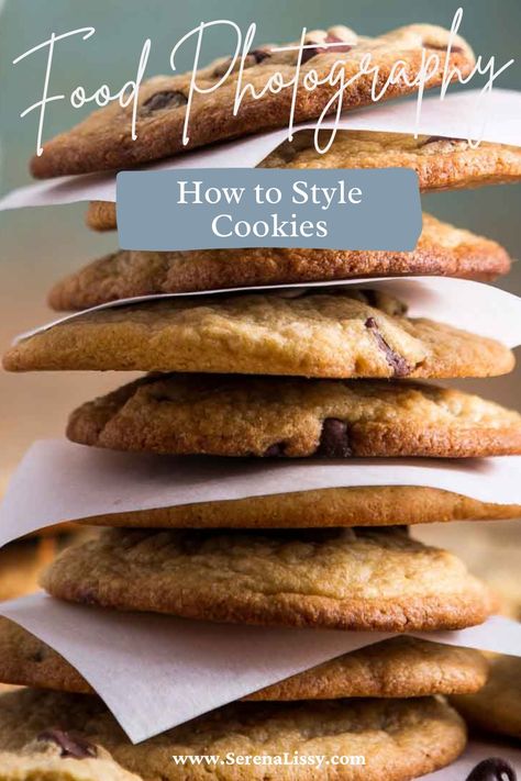 Are you looking to improve your food photography skills for your food blog? The cookie stack is one creative way to style cookies for photos that will help create more appealing dessert photos. To learn more about styling cookies for photography head over to the blog for my top cookie photography styling tips! How To Stage Cookies For Pictures, How To Take Pictures Of Cookies, Cookies Display Ideas, Cookie Pictures Ideas, Cookies Photography Ideas Inspiration, Photographing Cookies, Cookie Photography Ideas, Cookies Business Ideas, Cookie Photography Styling