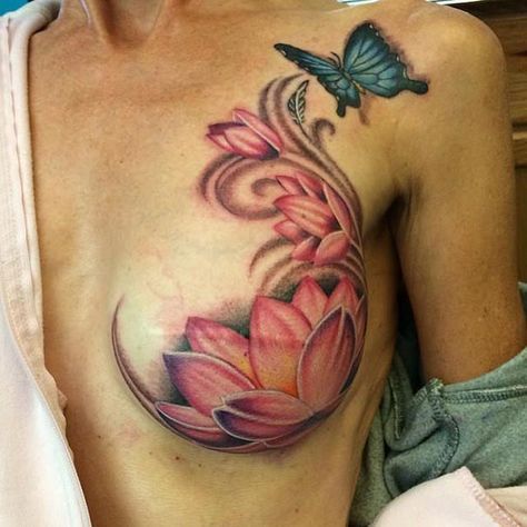 I thought how they did the shading around the lotus was really neat- like there is an areola hiding under there... Mastectomy Scar Tattoo, Miniature Tattoos, Mastectomy Scars, Survivor Tattoo, Mastectomy Tattoo, Tattoos To Cover Scars, Scar Tattoo, Ribbon Tattoos, Chest Piece Tattoos