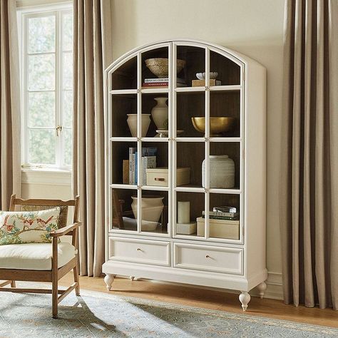 Bloom Arched Glass Door Cabinet with 2 Drawers | Ballard Designs, Inc. Arched Cabinet, Beautiful Kitchenware, Glass Door Cabinet, Closet Storage Systems, Outdoor Umbrella Stand, Chaise Lounge Sofa, Daybed With Storage, Media Furniture, End Of Bed Bench