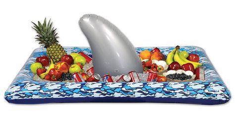 This fun inflatable tabletop cooler has a giant shark fin sticking up from the center to make it seems as if a great white is circling through a sea of ice, bottles, cans, and food. Inflatable Shark, Inflatable Cooler, Shark Themed Party, Shark Themed Birthday Party, Shark Decor, Luau Party Decorations, Hawaiian Party Decorations, Birthday Drinks, Shark Birthday Party