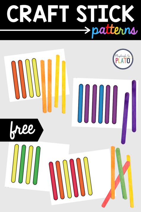 Colored Craft Stick Activities, Craft Stick Pattern Cards Free, Fine Motor Pattern Activities, Pattern Block Activities, How To Teach Patterns Preschool, Kindergarten Patterning Centres, Grade 1 Patterning Activities, Popsicle Stick Patterns Printable Free, Math Centers For Preschool