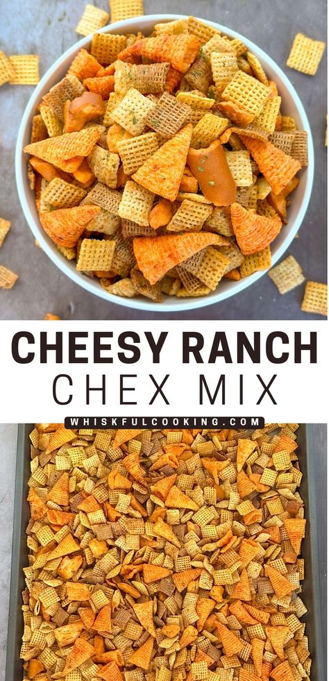 a bowl and baking pan of chex mix. Cheesy Ranch Chex Mix, Ranch Chex Mix Recipes, Ranch Chex, Chex Party Mix Recipe, Ranch Chex Mix, Party Mix Recipe, Chex Party Mix, Cheesy Ranch, Chex Cereal