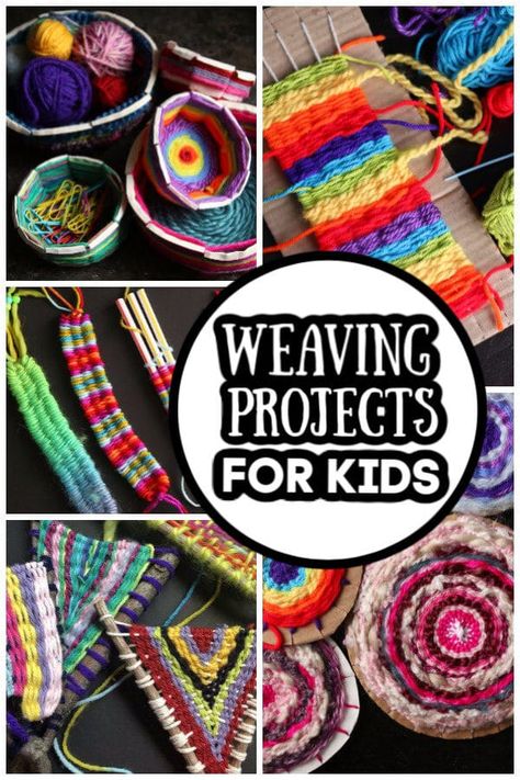 If you're looking for beginner weaving projects for kids, you'll find all of our favourites here in on this page. From traditional cardboard loom weaving to weaving on unusual items like sticks and drinking straws, you're sure to find the perfect weaving craft for your elementary aged child, tween or teen here. #HappyHooligans #Weaving #Projects #Kids #Tweens #Teens #Yarn #Crafts #CampCrafts #Craft Camp Classroom Weaving Projects, Cardboard Loom Weaving For Kids, Popsicle Stick Weaving Craft, Cardboard Loom Weaving Projects, Yarn Weaving For Kids, Weaving Sticks Projects Ideas, Weaving Sticks Projects, Elementary Fiber Art Projects, Diy Loom Weaving