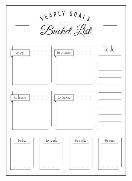 52 Bucket List Paper Illustrations Illustrations & Clip Art - iStock Bullet Journal Layout Templates, Bullet Journal Goals Page, Bucket List Journal, Bujo Layout, Bullet Journal Planner, Goals Bullet Journal, Bullet Journal Ideas Templates, Book Bucket, Planner Organisation