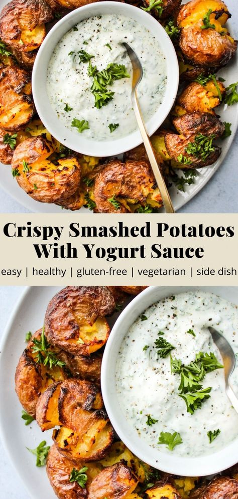 Walder Wellness, Easy Veggie Side Dish, Potato Sauce, Greek Yogurt Sauce, Veggie Side Dish Recipes, Crispy Smashed Potatoes, Gluten Free Sides Dishes, Greek Yogurt Recipes, Vegetarian Side Dishes