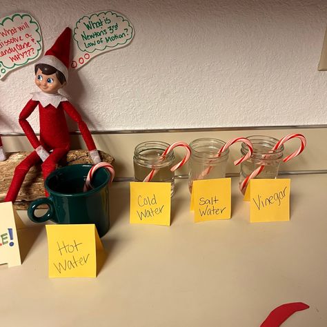 Science Elf On The Shelf Ideas, Elf On Shelf Science Ideas, Science Elf On The Shelf, Elf On The Shelf Experiments, Elf On The Shelf Science Experiments, Elf Science Experiment, Elf On The Shelf Science Experiment, Wlf On The Shelf, Candy Cane Experiment