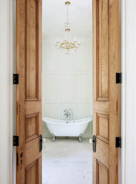 Cypress Doors - French - Bathroom - Telich Custom Homes Narrow French Doors, French Bathroom, Traditional Bathroom Designs, Interior Design Per La Casa, Bad Inspiration, Open Door, White French, French Doors Interior, Wood Interiors