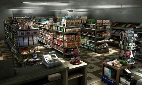 Grocery Store Concept Art, Convenience Store Concept Art, Grocery Store Interior, Supermarket Aesthetic, Fallout 4 Settlement Ideas, Shop Shelves, Interior Concept Art, Rain Illustration, Supermarket Shelves