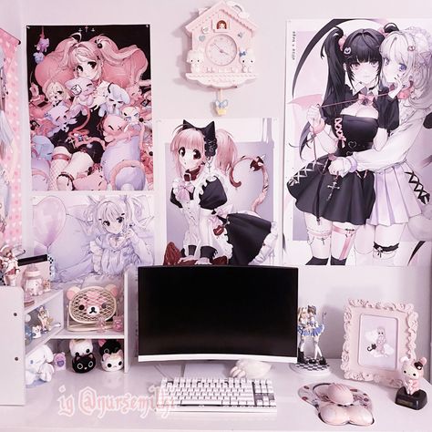 Goth Room Aesthetic, Pastel Goth Room Decor, Pastel Goth Decor, Asian Room, Gaming Bedroom, Otaku Room, Video Game Room Design, Jirai Kei, Girly Room