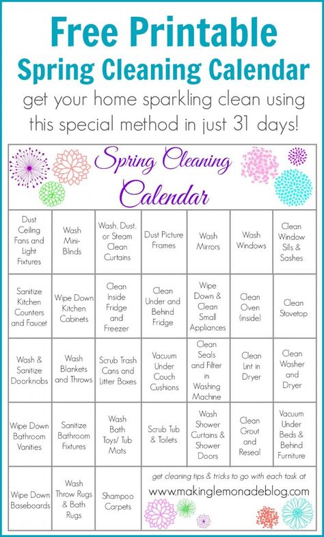 Free Printable Spring Cleaning Calendar-- one task a day gets your spring cleaning done in just 31 days! Check out the full post at www.makinglemonadeblog.com for tips and tricks on getting the most from this FREE printable! #springcleaning #printable #cleaning Spring Cleaning Calendar, Spring Cleaning Schedules, Cleaning Calendar, Making Lemonade, Cleaning Printable, Spring Cleaning Checklist, Spring Cleaning Hacks, Household Chores, Cleaning Checklist