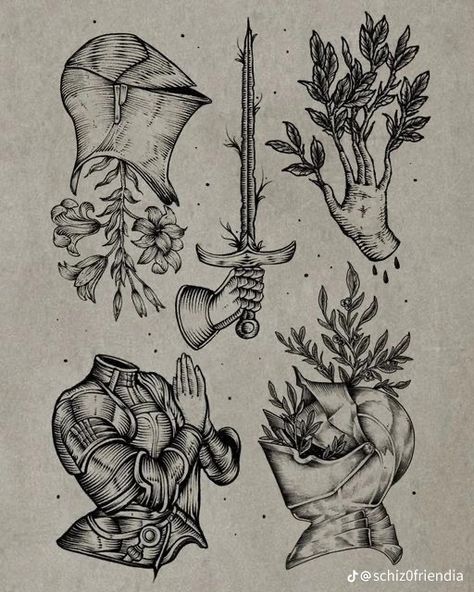 Alchemical Art Illustrations, A Knights Tale Tattoo, Old Drawings Aesthetic, Bad Tattoos Funny, Midevil Tattoo Ideas, Woman Knight Tattoo, Green Knight Tattoo, Medieval Tattoo Ideas Middle Ages, Lady Knight Tattoo