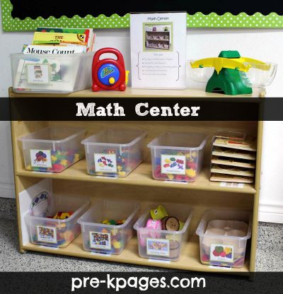 Math Center Materials for Your Preschool, Pre-K, or Kindergarten Classroom via www.pre-kpages.com Preschool Math Centers, Curriculum Preschool, Science Centers, Classroom Science, Prek Classroom, Preschool Centers, Classroom Centers, Prek Math, Kindergarten Science