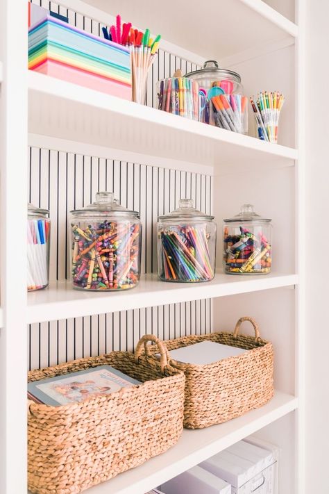 Basement And Playroom Ideas, Playroom With Built In Shelves, Bedroom Turned Into Playroom, Unique Living Room Seating, Flexible Home Office Space, Playroom Shelf Ideas, Light Fixture For Playroom, Small Playroom Ideas Minimalist, Playroom Laundry Room Combo