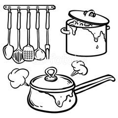 Pots And Pans Drawing, Pots And Pans Illustration, Cooking Pot Drawing, Kitchen Murals, Hanging Utensils, Textile Designing, Alchemy Art, Frying Pans, Cooking Set