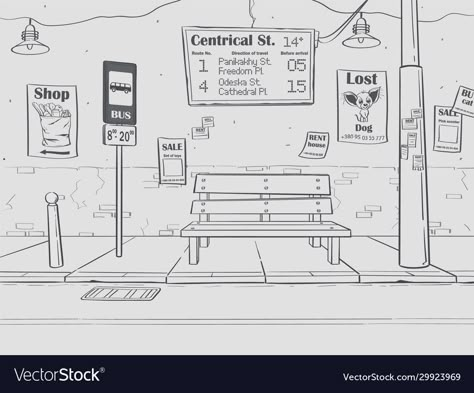 Bus Stop Reference Drawing, Bus Stand Drawing In Perspective, Bus Stand Drawing, Train Station Drawing, Bus Stop Background, Anime Bus Stop Background, Bus Stop Drawing, Bus Stop Sketch, Bus Stop Illustration Art