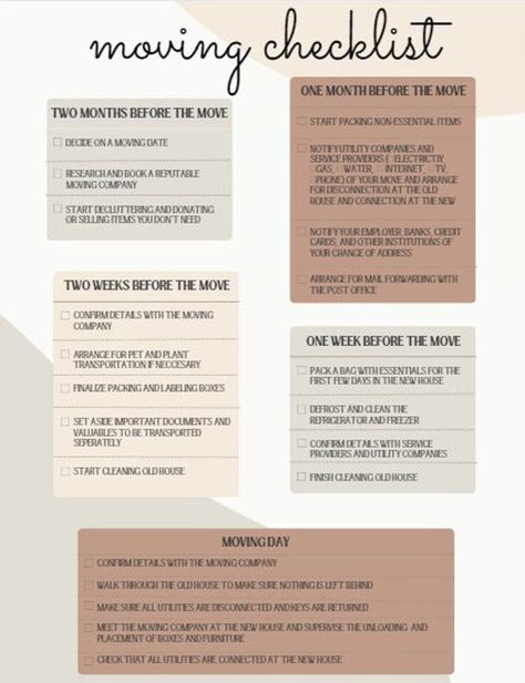 Are you getting ready to move to a new home? Keep yourself organized and on track with this comprehensive moving checklist! This checklist covers everything from pre-move planning to unpacking and settling in. With clear categories and actionable steps, you won't overlook any important details during your move. Print it out and keep it handy as you navigate your move. This moving checklist is perfect for anyone who needs a little extra help staying organized during a stressful time. Download it today and make your move a little smoother! Design can not be resold. Preparing To Move Out, Planning A Move To Another State, House Packing List Moving Checklist, Apartment List Moving Checklist, Packing List For Moving, Moving Out List, Moving Out Aesthetic, Moving Tips Packing, Packing Tips Moving