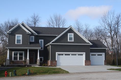 Image result for certainteed slate grey vinyl siding Vertical Vinyl Siding, Grey Vinyl Siding, Dark Grey Houses, Grey Houses, Board And Batten, Vinyl Siding, White Trim, House Colors, Black House