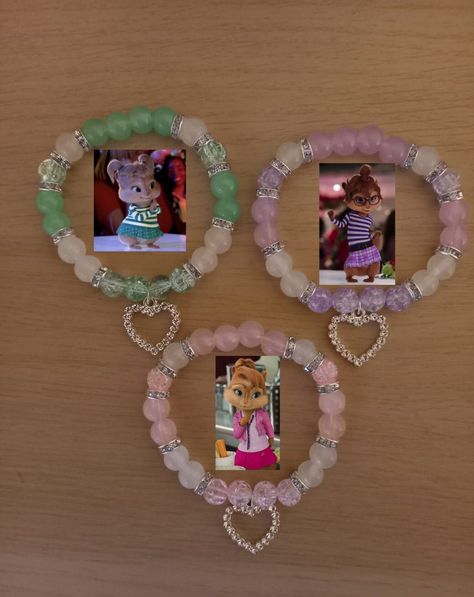 The Chippetes matching trio frienship charm beaded bracelets Bff Diy Bracelets, Matching Crafts For Friends, 4 Matching Bracelets, Beaded Matching Bracelets, Clay Bead Bracelet Ideas Best Friends, Themed Beaded Bracelets, Nezuko Bracelet, Matching Trio Bracelets, Bracelet Ideas Loom