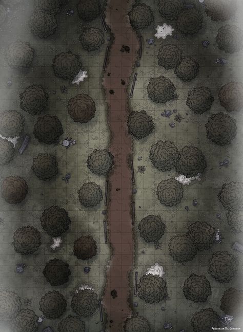 A battlemap of a dark forest surrounded by mists. Dnd Dark Forest Map, Dark Forest Battlemap, Shadowfell Battle Map, Forest Map Rpg, Dnd Forest Map, Forest Battlemap, West Map, Top Down Game, Space Map