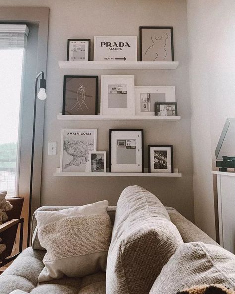 Small Photo Shelf, Bedroom Decor Scandinavian, Photo Shelves, Shelf Styling Living Room, Abstract Art Bedroom, Office 2023, Room Decor Neutral, Picture Ledges, 11x14 Picture Frame