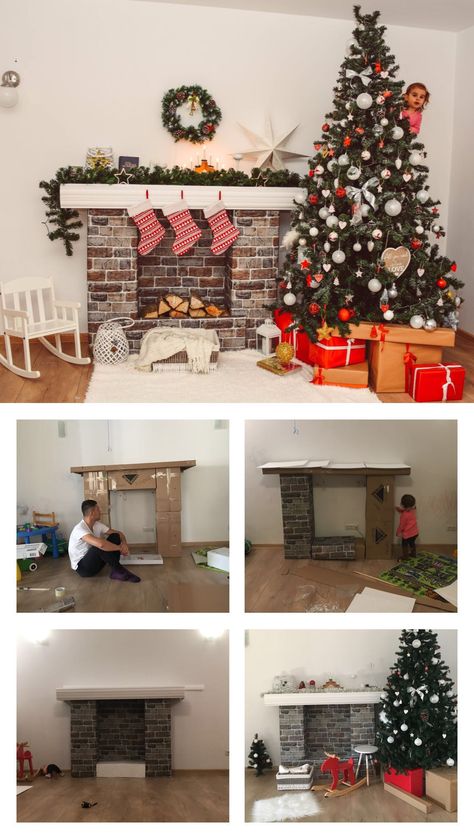 DIY fireplace for Christmas shooting decor using boxes Chimney Christmas Decor Diy, Diy Pretend Fireplace, Chimney Photoshoot, Diy Fireplace For Christmas, Homemade Fireplace For Christmas, Fake Chimney For Christmas, Diy Christmas Fireplace Cardboard, Diy Fireplace Christmas, Christmas Fireplace Diy