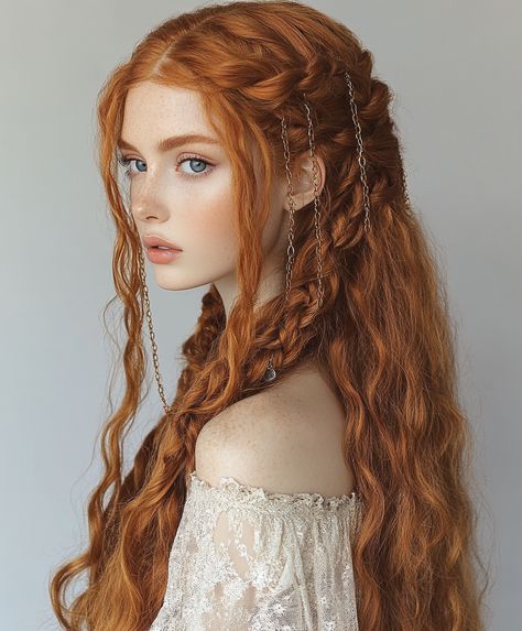 Boho Ginger Chain Loop Braids 🌿🌼 Goddess Braids Red Hair, Braiding Long Hair, Ethereal Aesthetic Hair, Renassiance Hairstyle, Dark Fantasy Hairstyles, Bridgestone Hairstyles, Pale Ginger Hair, Braid Over Shoulder, Red Haired Girl Aesthetic