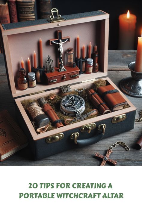 Open wooden case containing various witchcraft items like candles, herbs, a pentacle, and a crucifix, with text "20 Tips for Creating a Portable Witchcraft Altar". Shoebox Altar Witchcraft, Pocket Altar Witches, Hidden Altar, Portable Altar Boxes, Witchcraft Altars, Easy Witchcraft, Beginner Witchcraft, Witchcraft Tips, Portable Altar